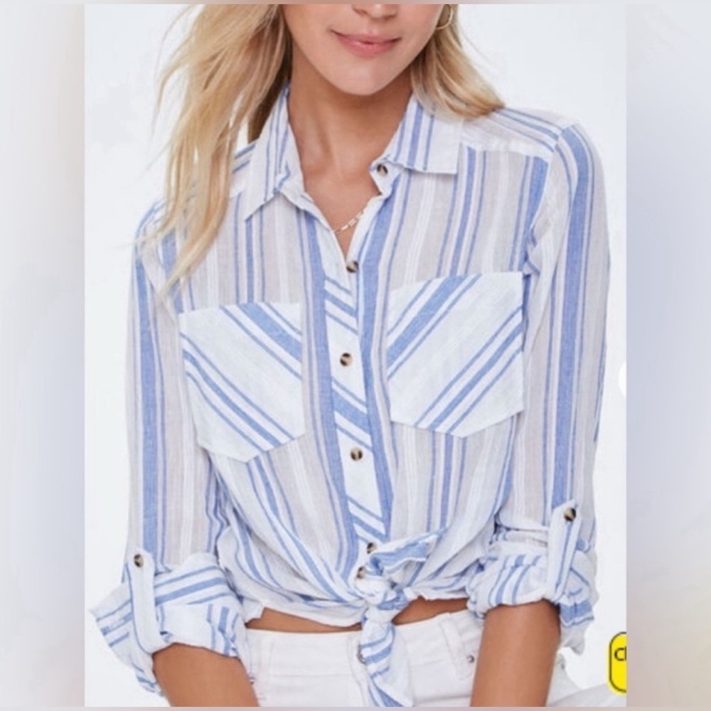 Forever 21 Gauzy Blue Striped Roll-Tab White Shirt #1190